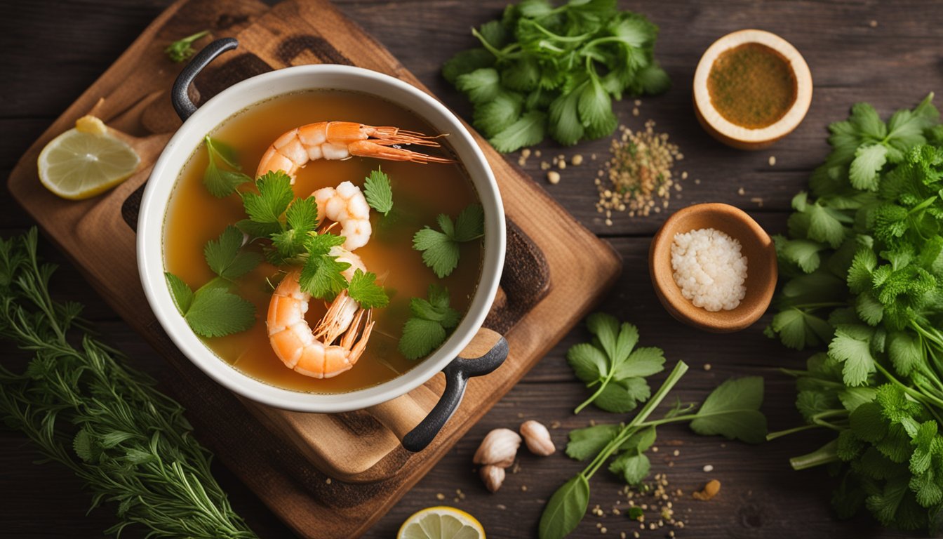 A steaming pot of prawn broth surrounded by fresh herbs and spices on a wooden table