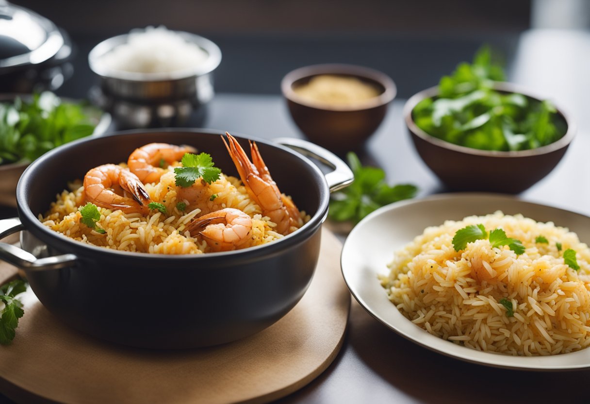 A pot of prawn biryani simmers on the stove, steam rising, as a serving spoon rests on the side. A plate of seeraga samba rice sits nearby, ready to be served