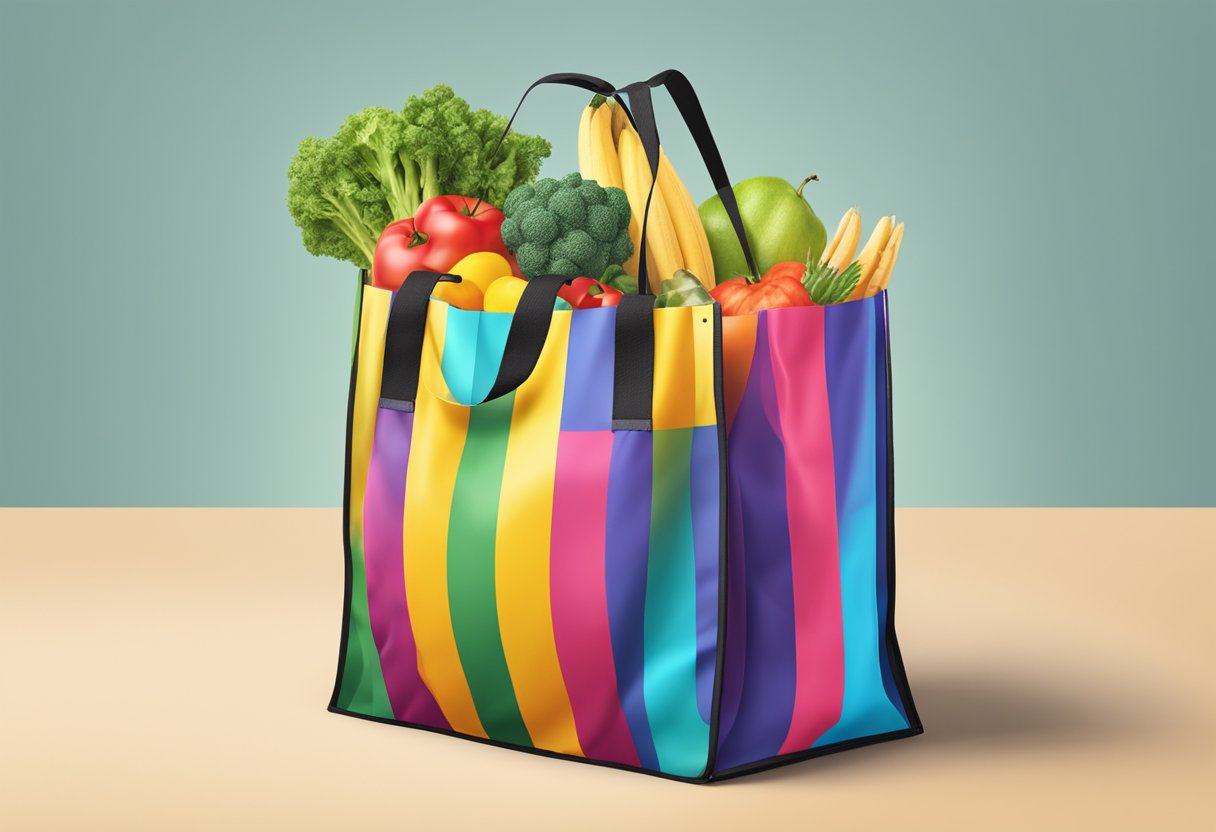 A colourful, customised foldable shopping bag sits open, displaying its spacious interior and sturdy handles, ready to be filled with groceries