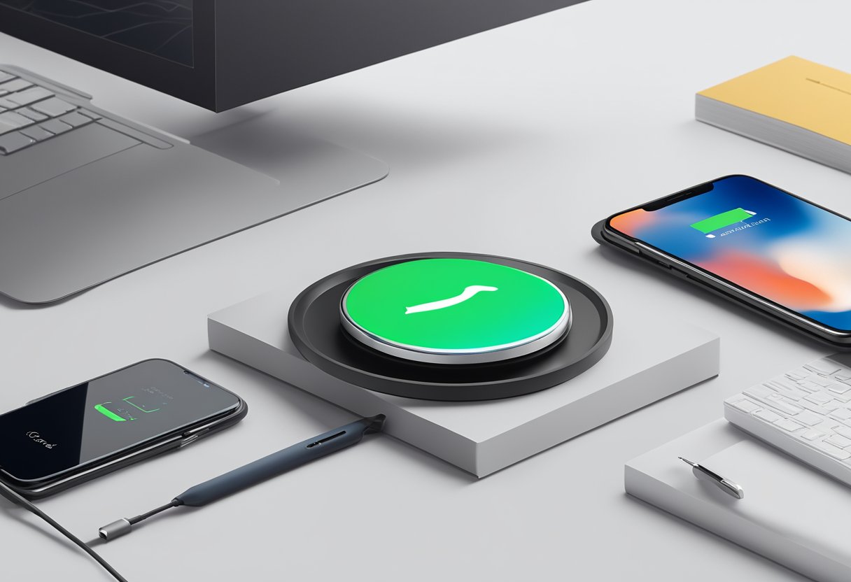 A sleek wireless charger sits on a desk, surrounded by branded corporate gifts like notebooks and pens
