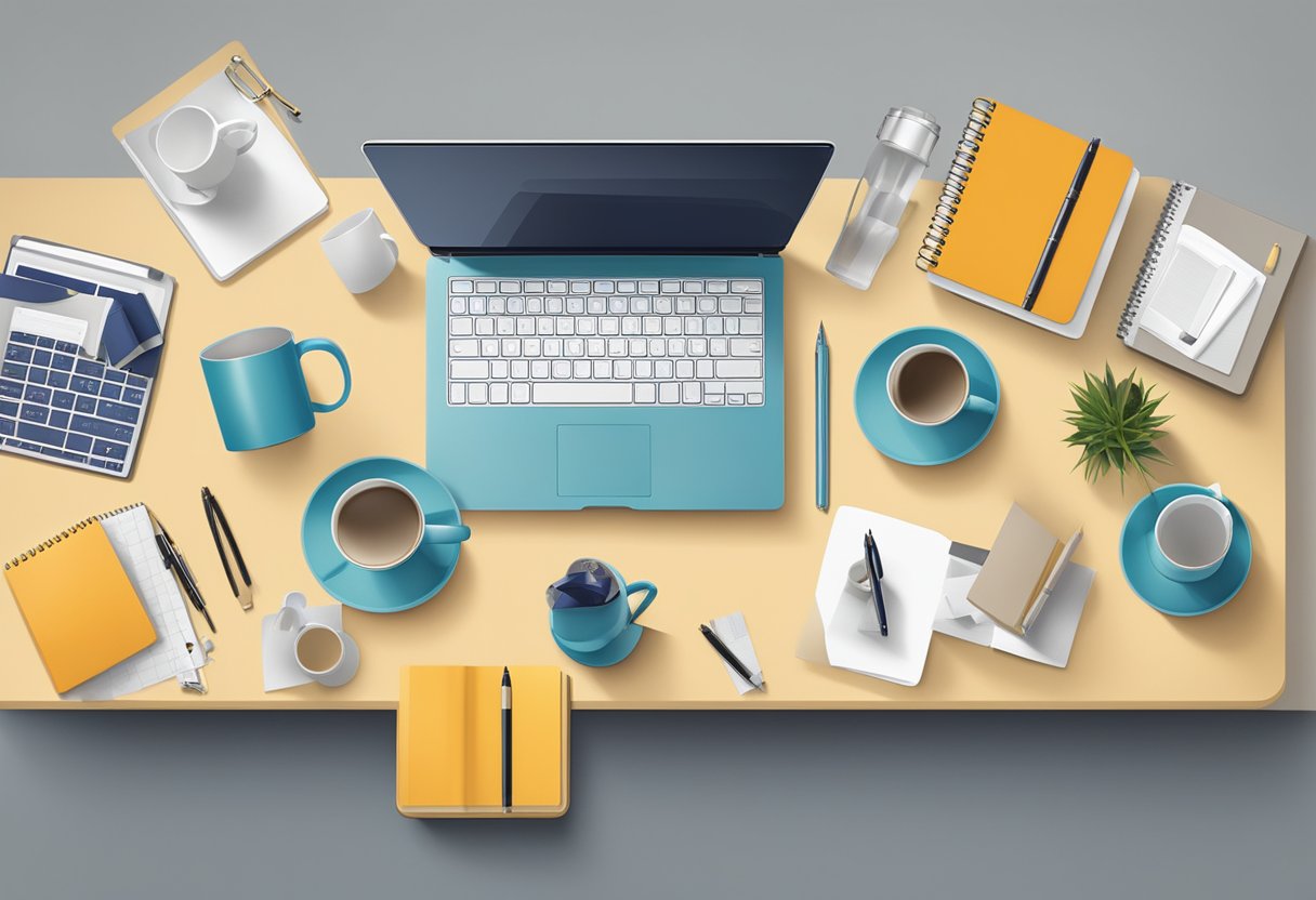A table displays branded items like mugs, notebooks, and pens. A company logo is prominent on each item