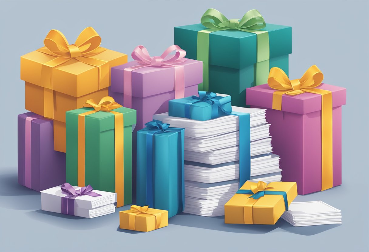 A stack of ten-dollar corporate gifts with "Frequently Asked Questions" printed on them
