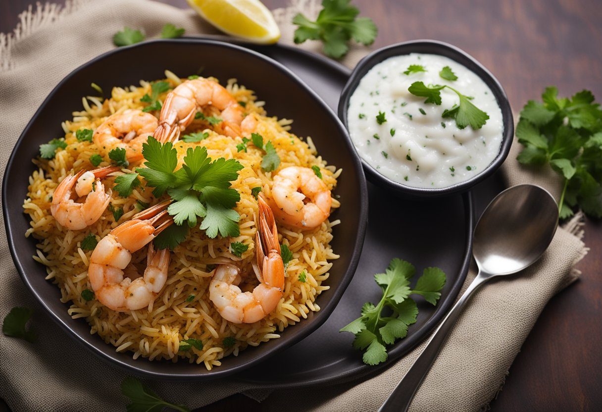 A steaming plate of prawn biryani with fragrant seeraga samba rice, garnished with fresh cilantro and served with a side of cooling raita