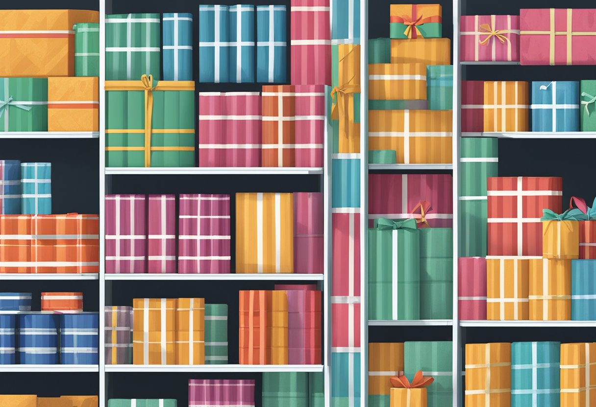 Colorful wrapping paper rolls stacked on shelves with "Frequently Asked Questions" printed on them. A wholesale warehouse with logos and packaging materials in the background