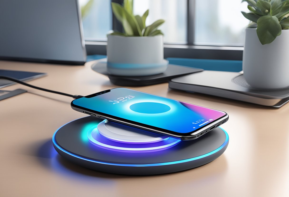 A sleek wireless charger sits on a desk, with a smartphone resting on top. The charger emits a soft, blue light, indicating it is actively charging the device