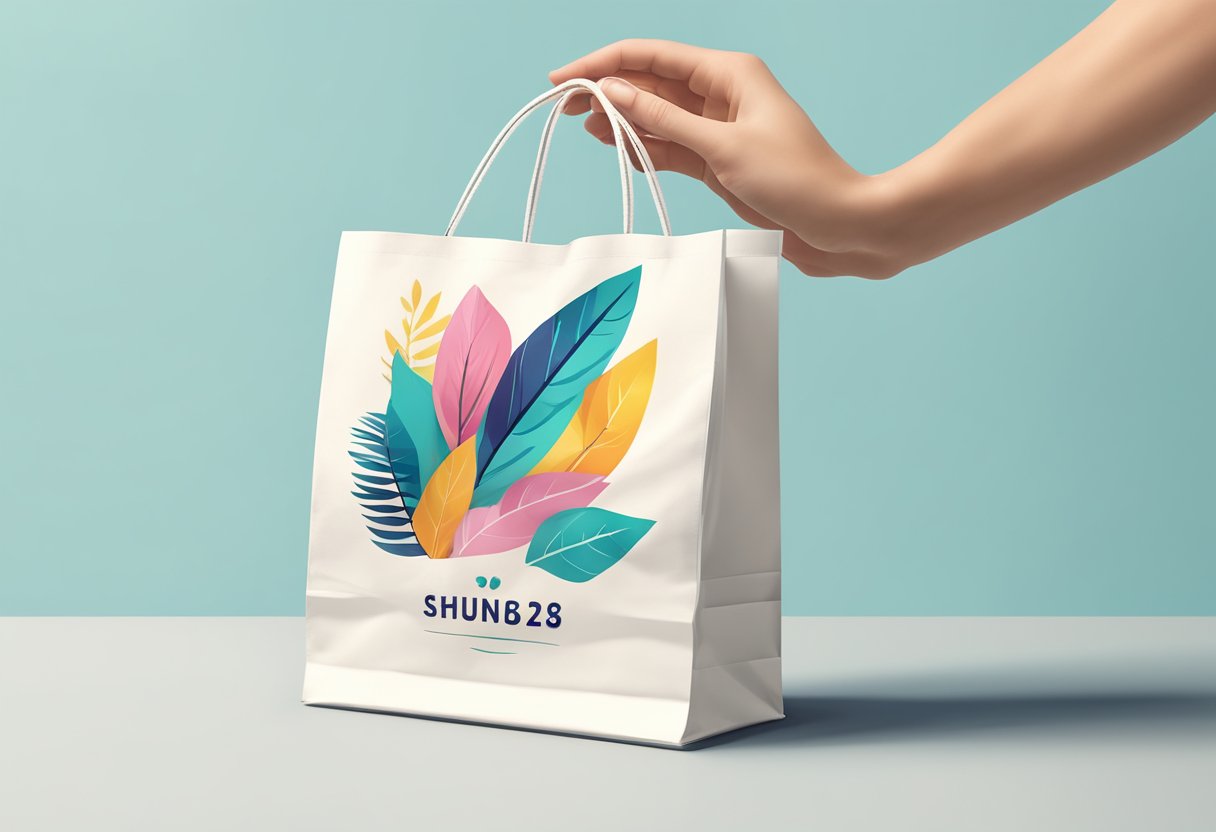 A hand reaches for a customised foldable shopping bag, featuring personalized design and vibrant colors, displayed on a clean, modern surface