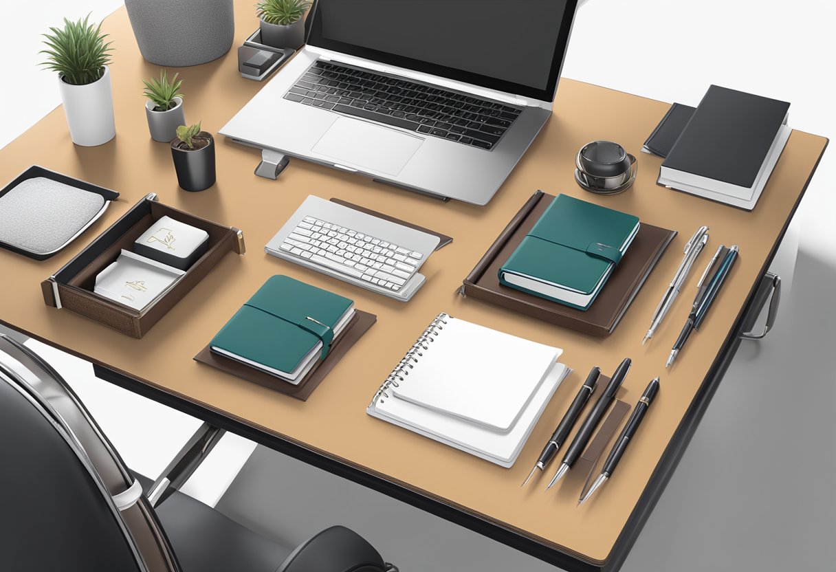 A sleek, modern office desk adorned with custom-branded gift items such as high-quality leather notebooks, engraved pens, and elegant desk organizers
