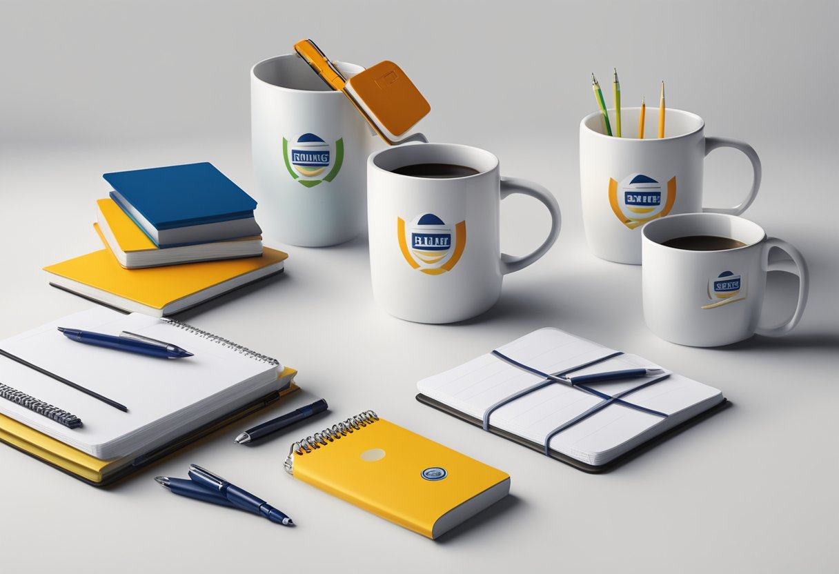A table filled with branded merchandise: mugs, pens, and notebooks. A company logo prominently displayed on each item