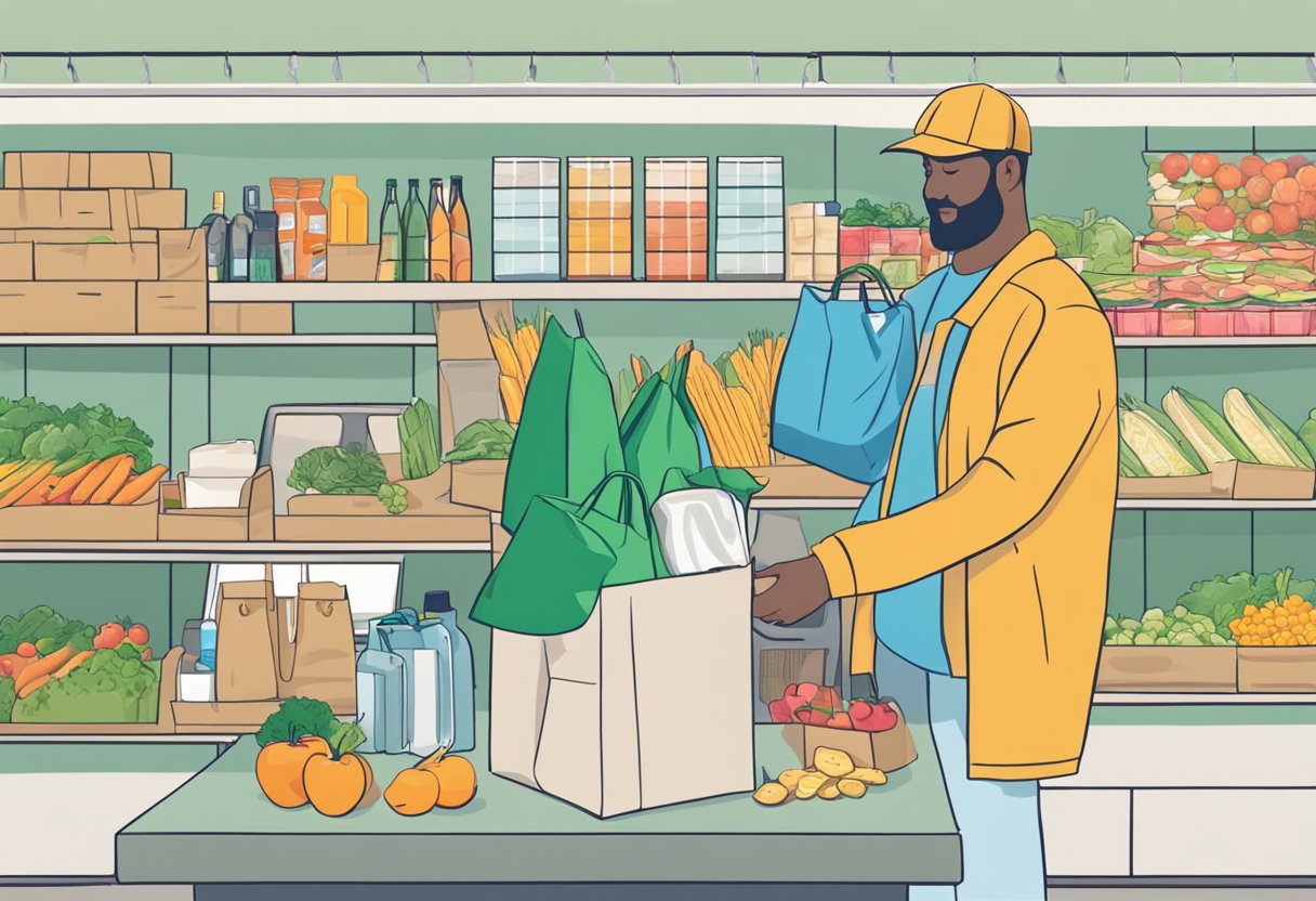 A person unfolds a personalised foldable shopping bag and fills it with groceries