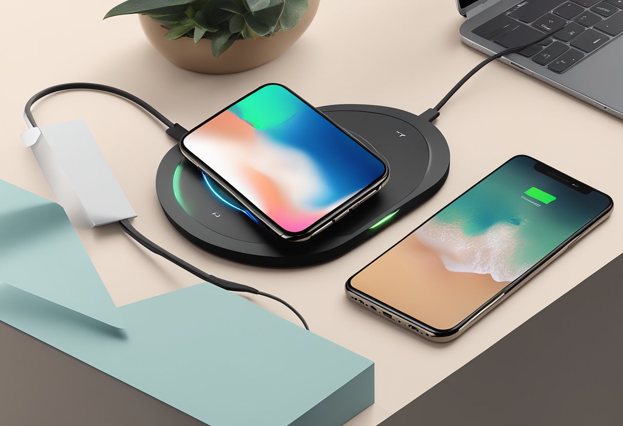 A sleek wireless charger sits on a desk, surrounded by corporate branding and gift packaging