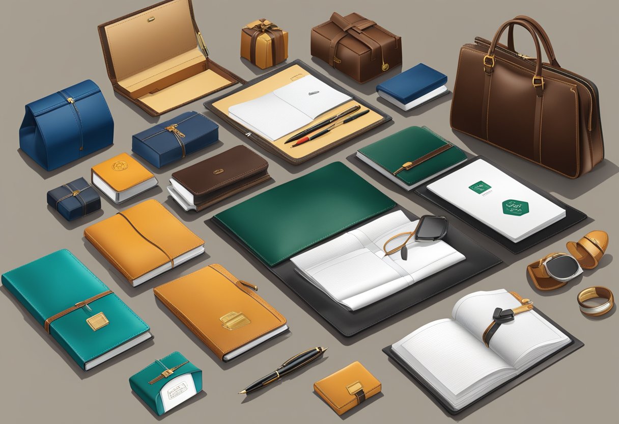 A table displays an array of corporate gifts, including branded pens, leather portfolios, and elegant gift baskets