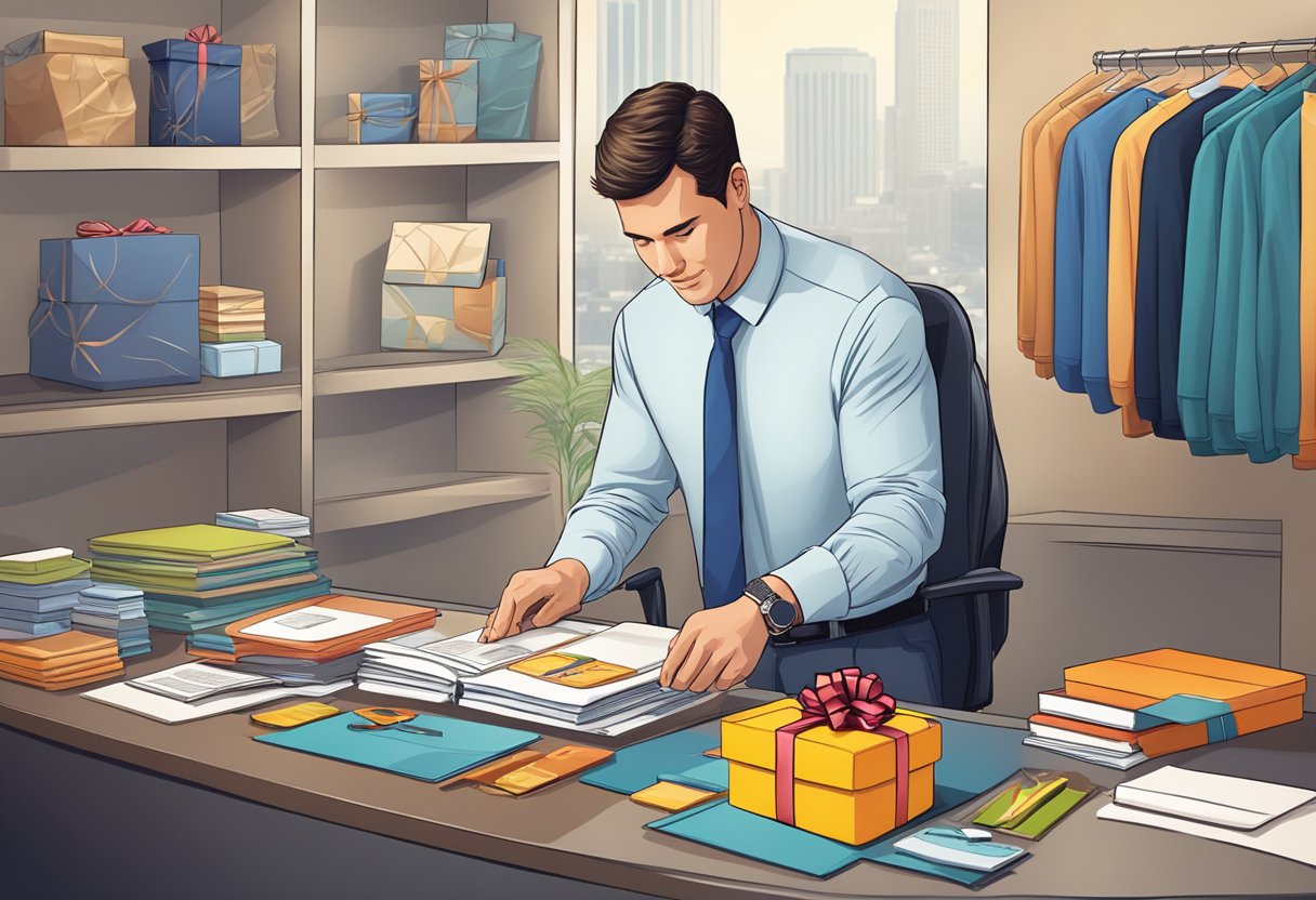 A corporate executive selects a custom gift from a display of personalized items. The logo of the company is prominently displayed on the gift