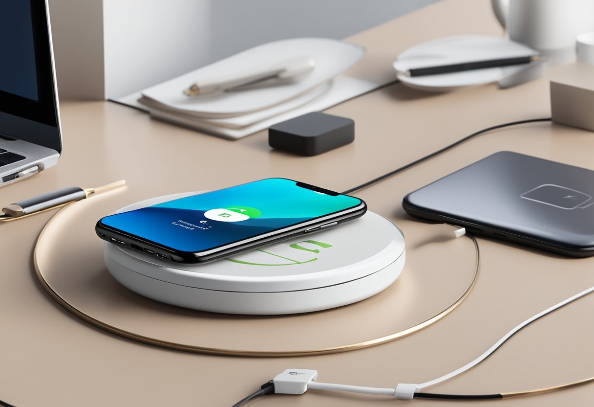 A sleek wireless charger sits on a desk surrounded by various corporate gift items. The charger is adorned with the "Frequently Asked Questions" logo