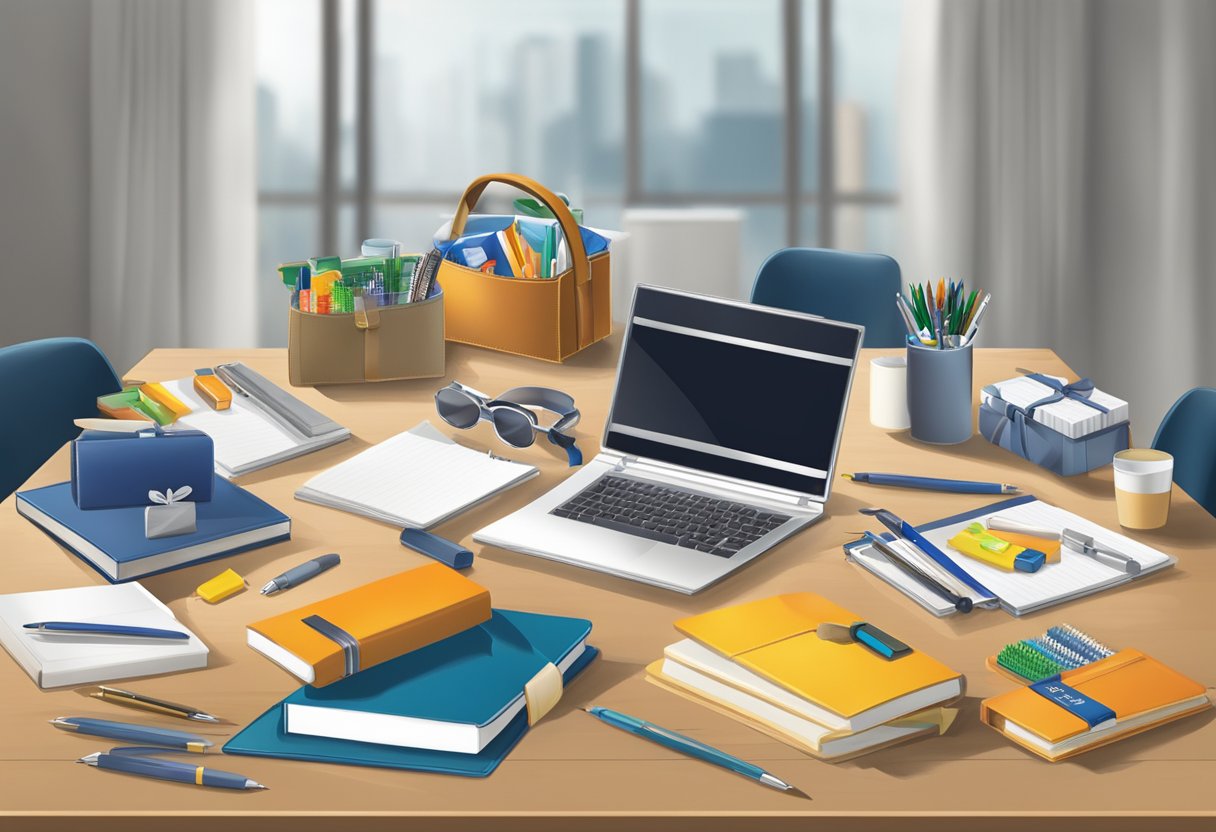 A table with branded corporate gifts, such as pens, notebooks, and gift baskets, displayed in an organized and professional manner