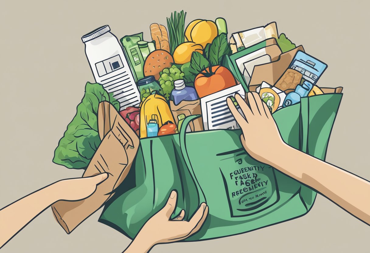 A hand reaching into a reusable bag with "Frequently Asked Questions" printed on it, filled with groceries and other items