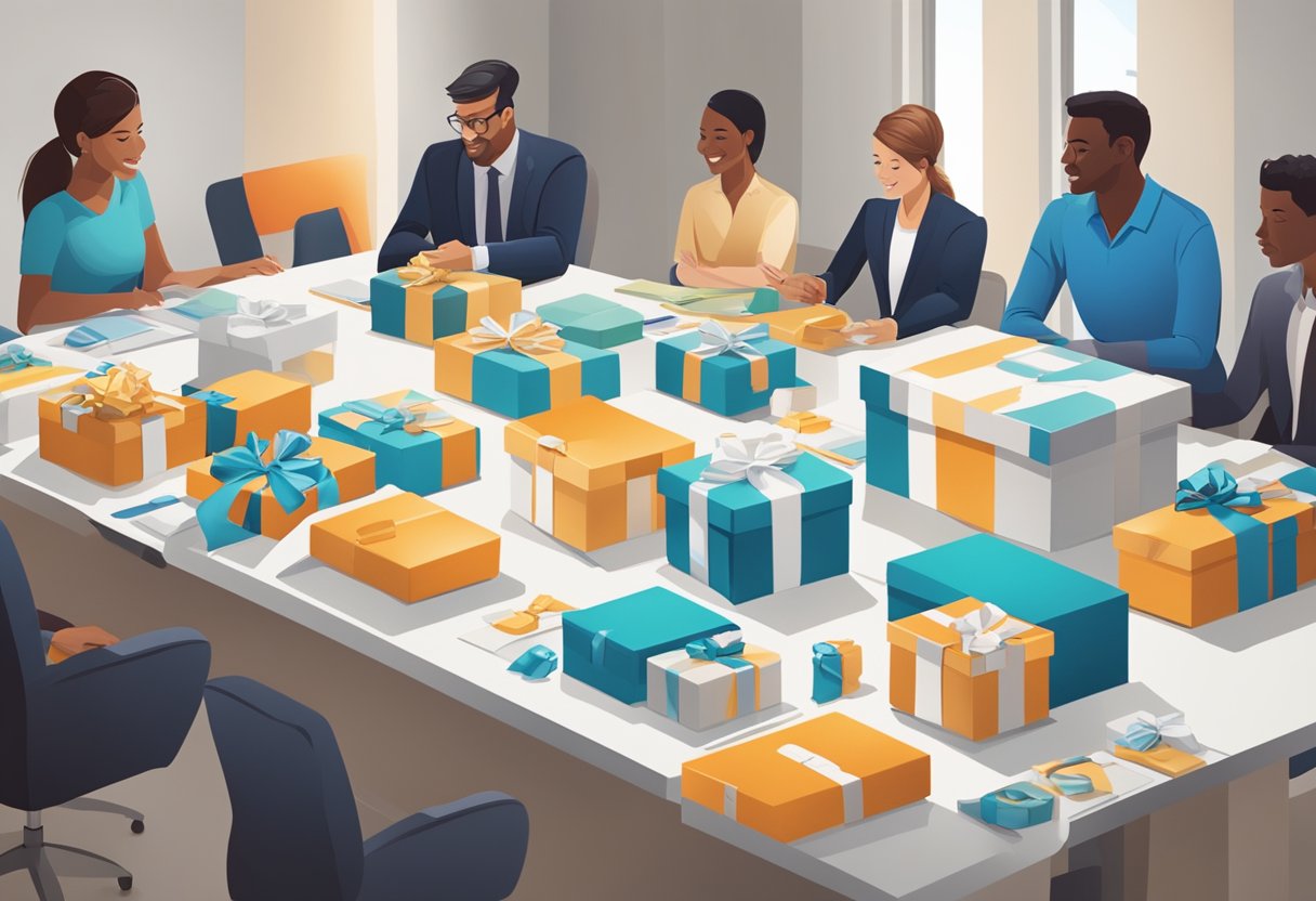 A table filled with branded gift boxes, ribbons, and promotional materials. A corporate logo prominently displayed. A sales representative presenting to a group of potential clients