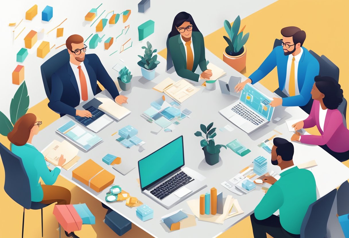 A group of business professionals discussing and brainstorming ideas for a corporate gifting strategy, surrounded by various gift options and sales data