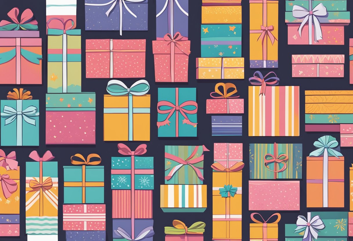 Colorful, custom-made boxes arranged in a neat row, each with unique designs and personalized messages. Ribbons and bows add a festive touch to the packaging