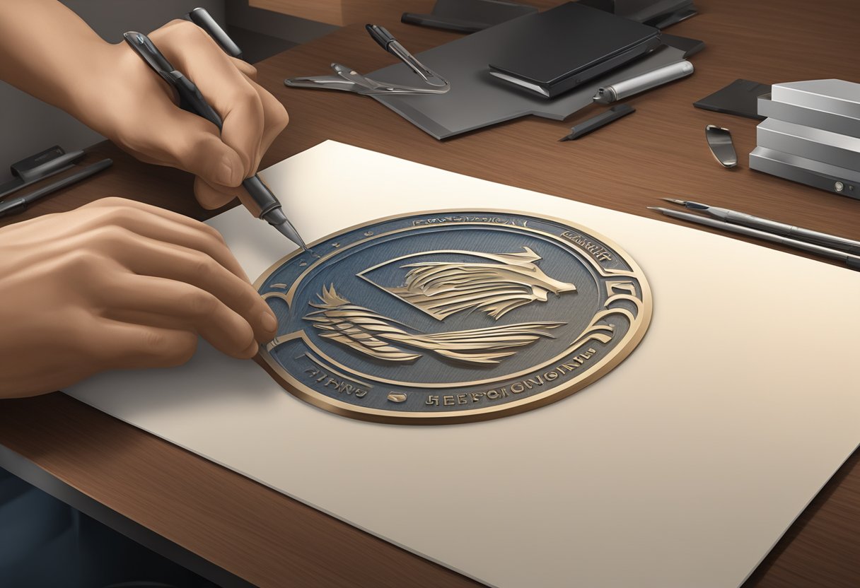 A corporate logo being engraved onto a high-quality gift item, while a team of professionals coordinates the packaging and shipment of multiple corporate gifts