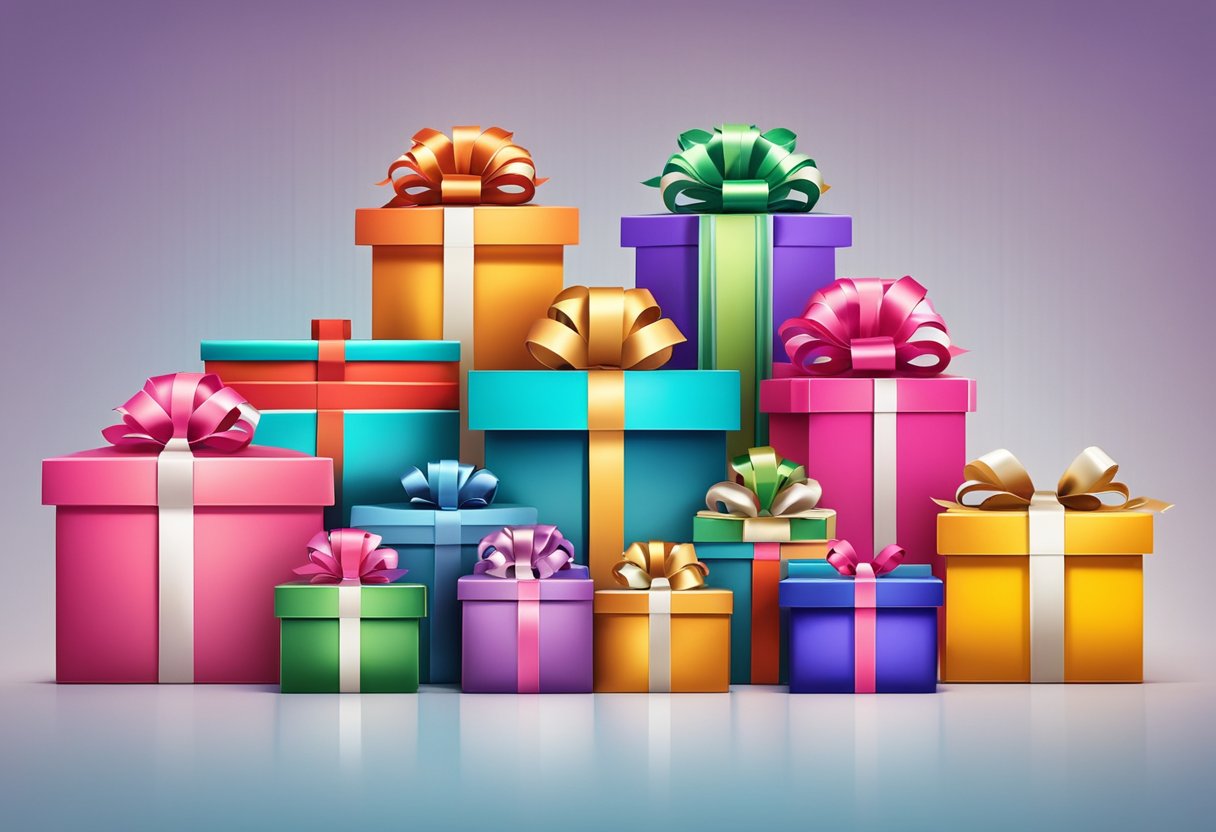 A table is covered with colorful, personalized gift boxes. Ribbons and decorative elements adorn the boxes, creating a festive and thoughtful display