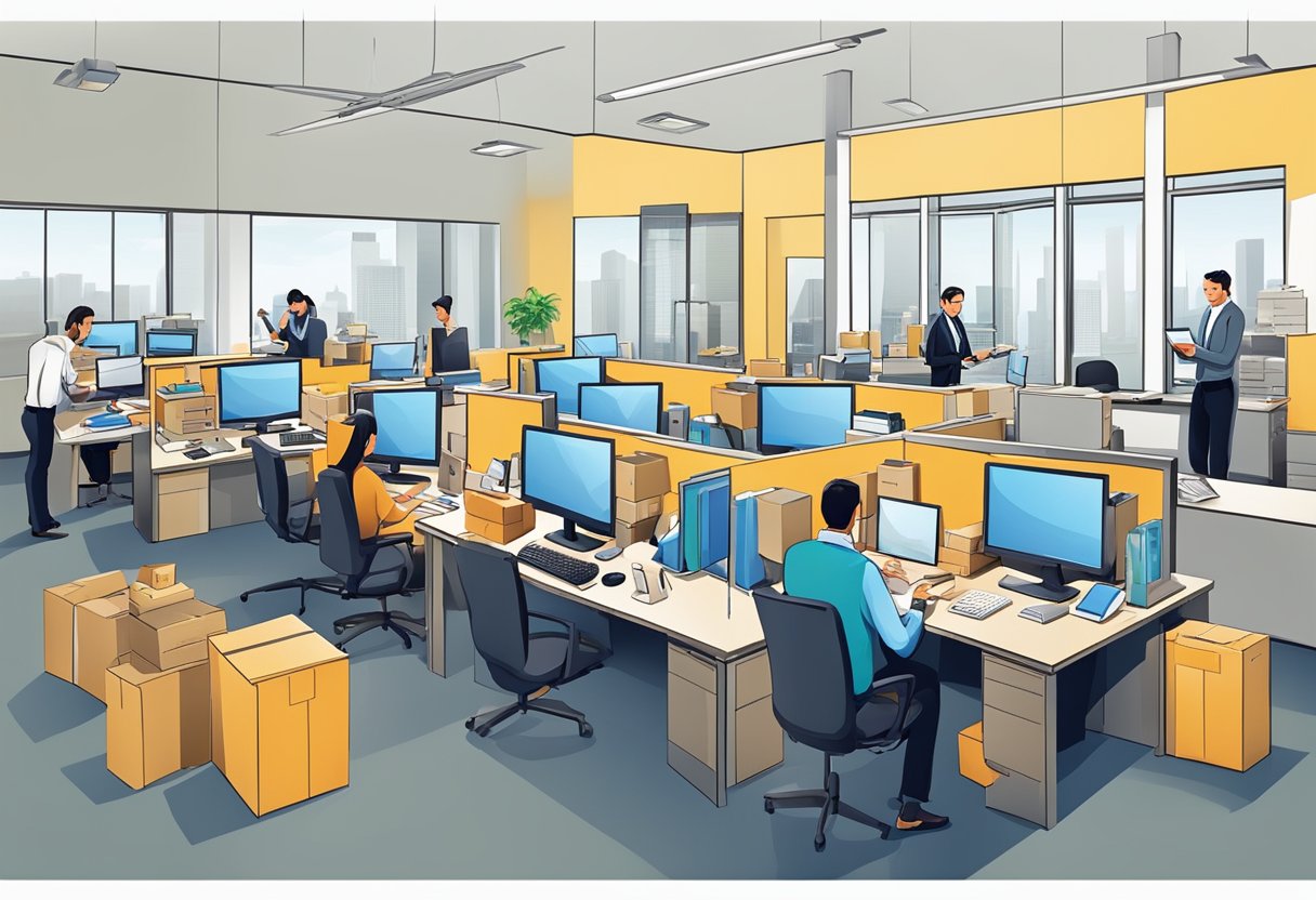 A busy office with employees answering phone calls and emails, packaging and shipping corporate gifts, and discussing sales strategies