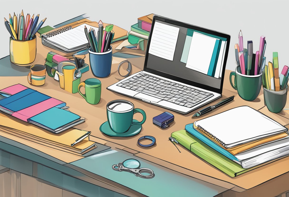 A table displays various corporate gifts under $5: pens, keychains, mugs, and notebooks