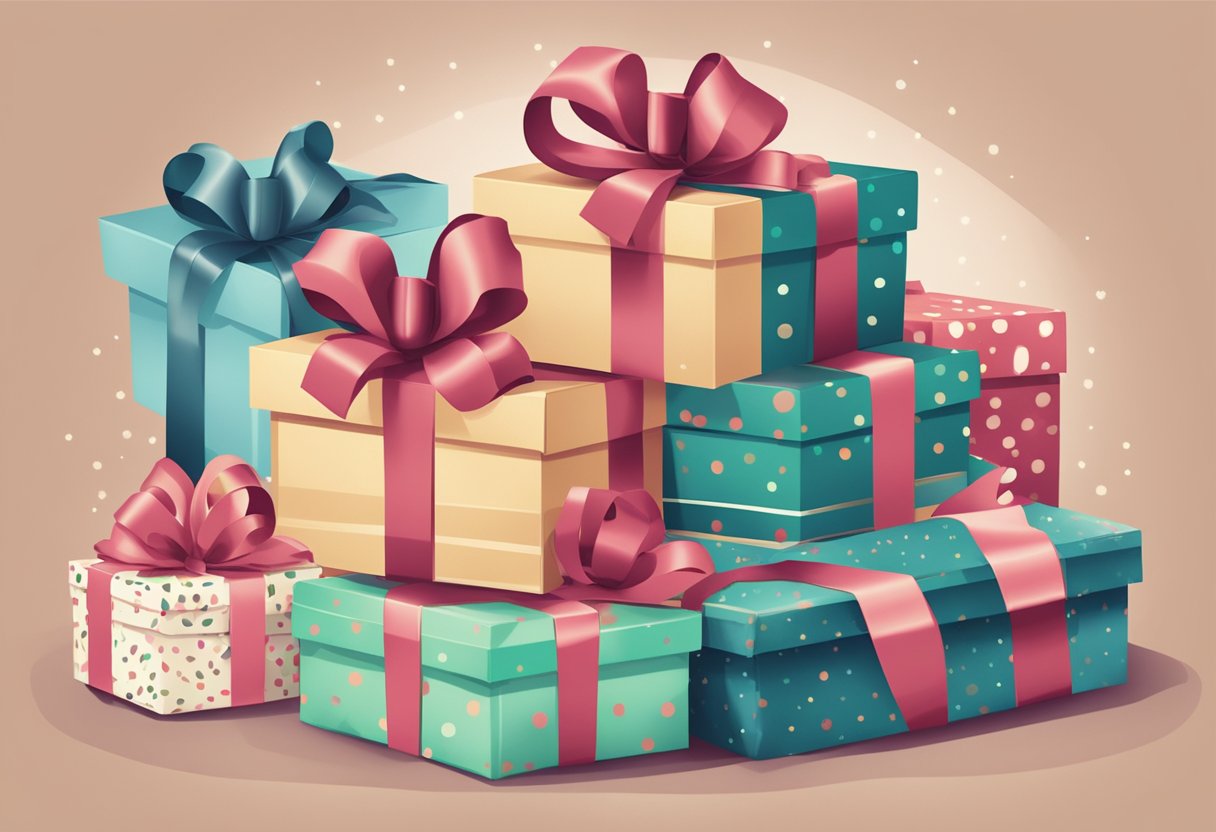 A stack of personalized gift boxes with "Frequently Asked Questions" printed on them, surrounded by festive ribbons and decorative wrapping paper