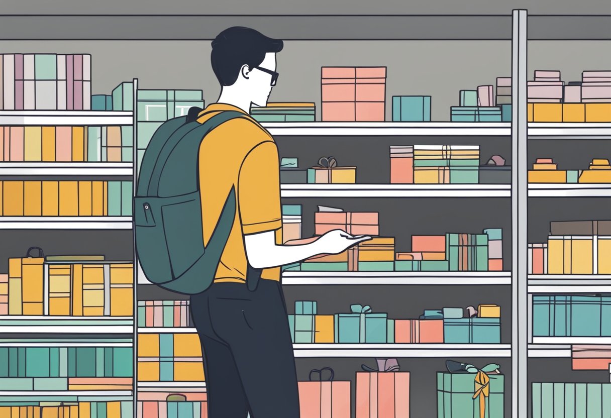 A person browsing shelves of affordable corporate gifts