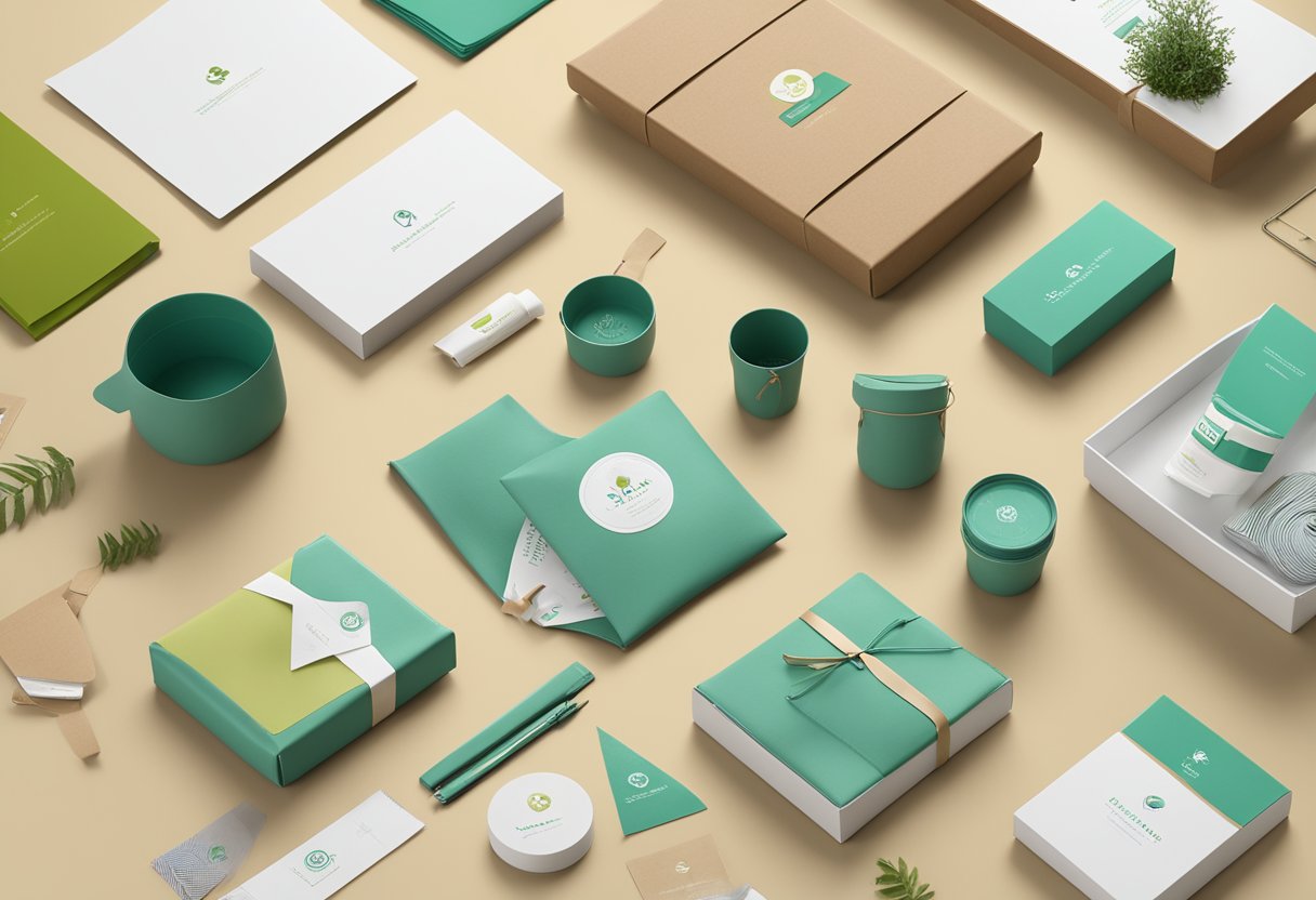 A diverse array of eco-friendly and practical corporate gifts under $5 displayed on a sleek, modern table with sustainable packaging and branding