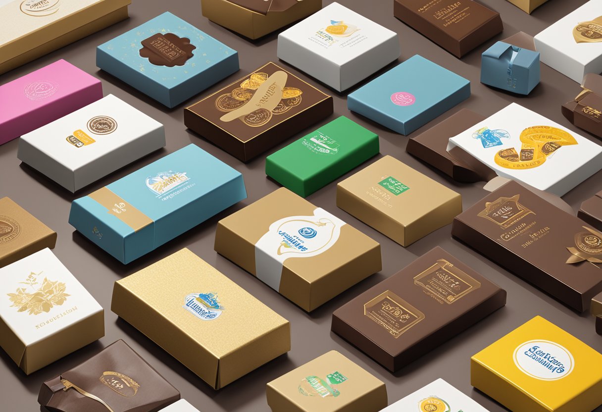 A table displays various branded chocolate gifts with company logos and personalized packaging