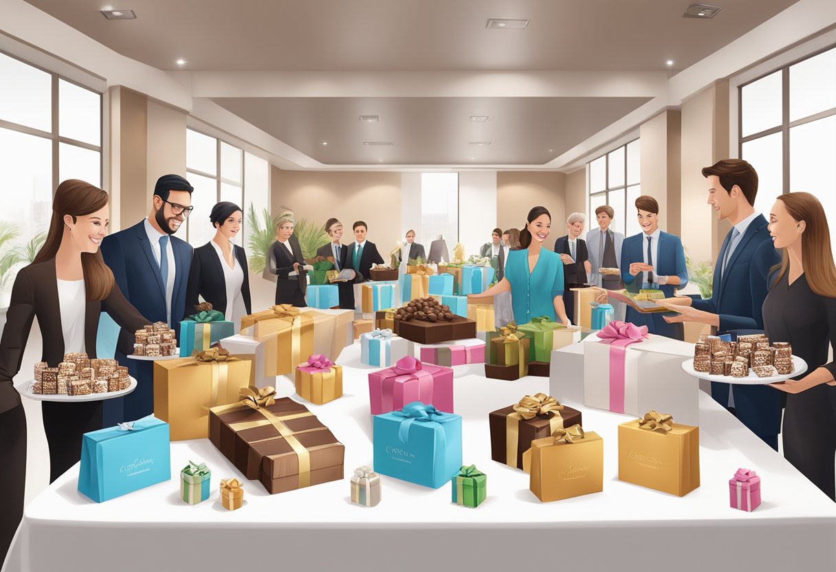A table adorned with custom-branded chocolate boxes and elegant gift bags, surrounded by happy employees at a corporate event