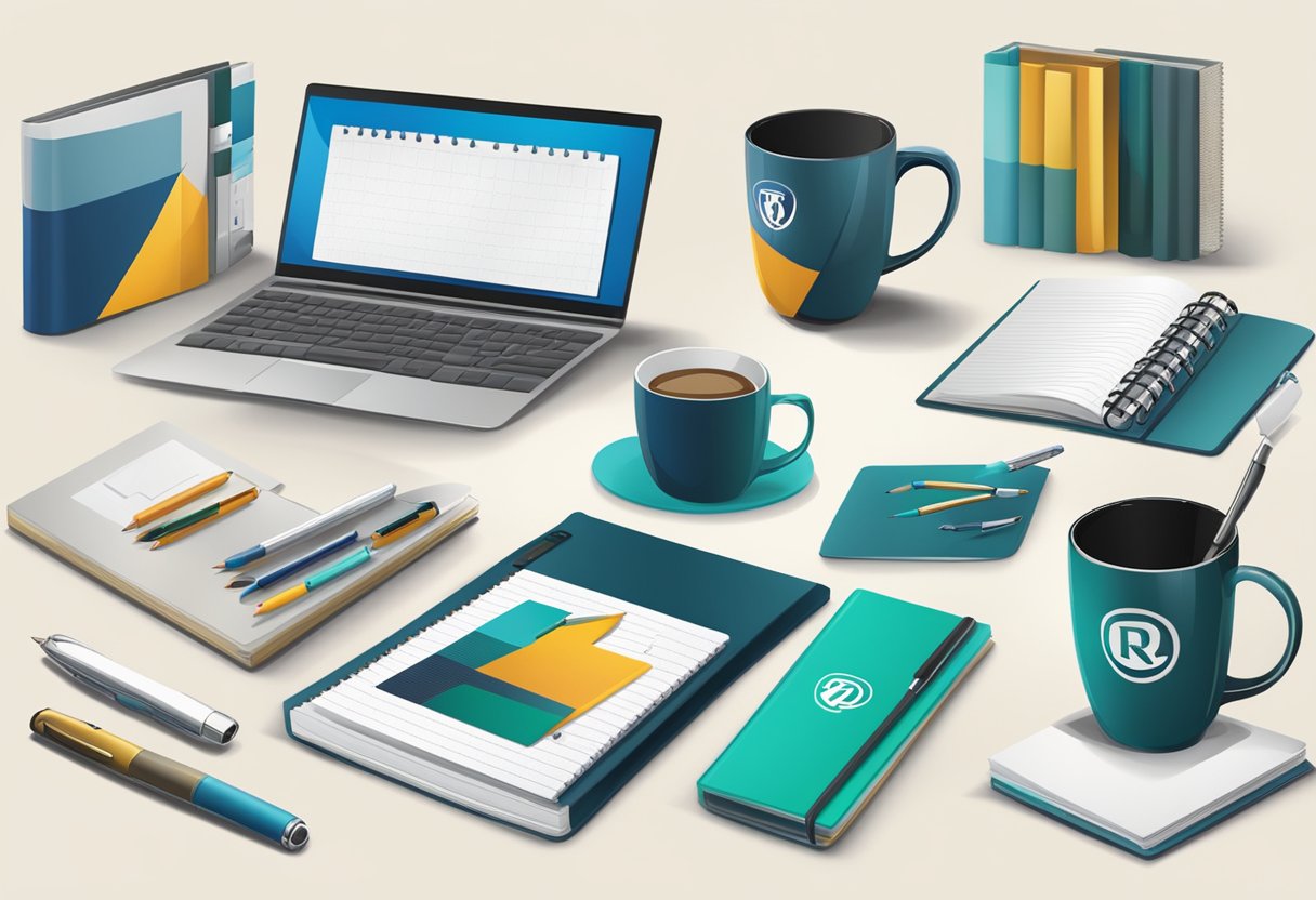 A table with branded items like mugs, pens, and notebooks. A logo prominently displayed on each item. A sense of professionalism and appreciation