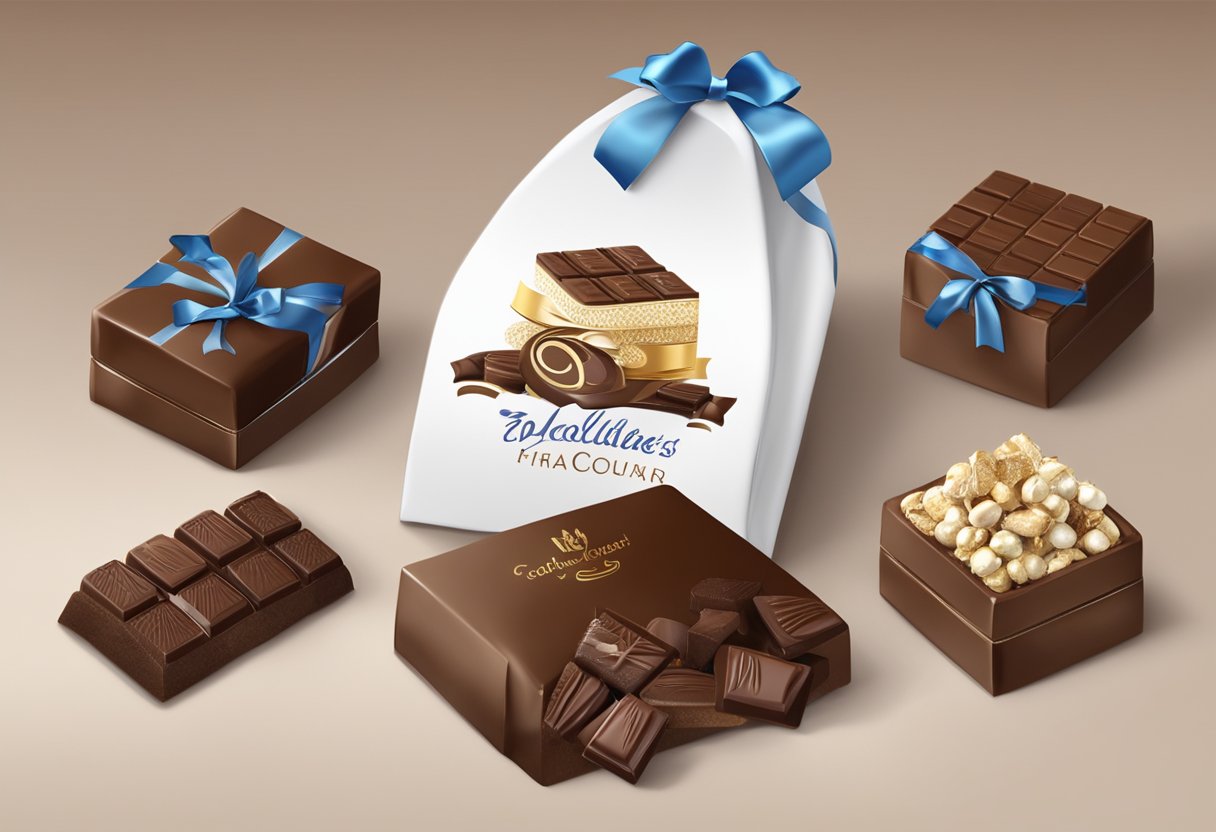 A table is covered with various chocolate gifts, each with personalized corporate logos. A ribbon and gift tag add a finishing touch