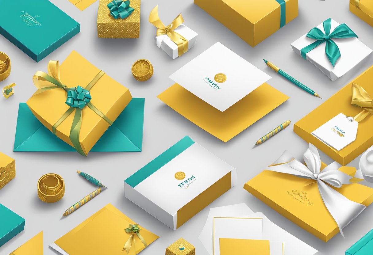 A table with branded gifts, a company logo, and a thank you card