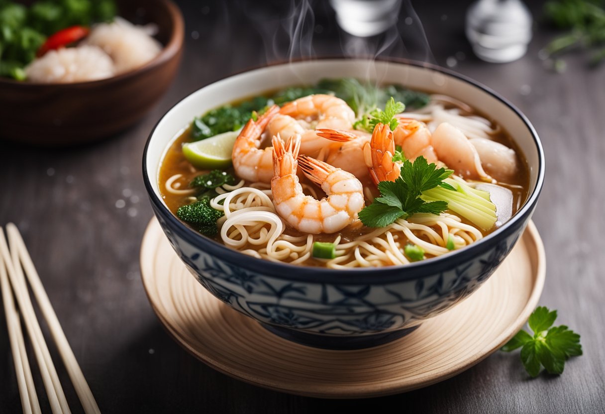A steaming bowl of prawn mee with noodles, prawns, and flavorful broth, garnished with fresh herbs and chili slices