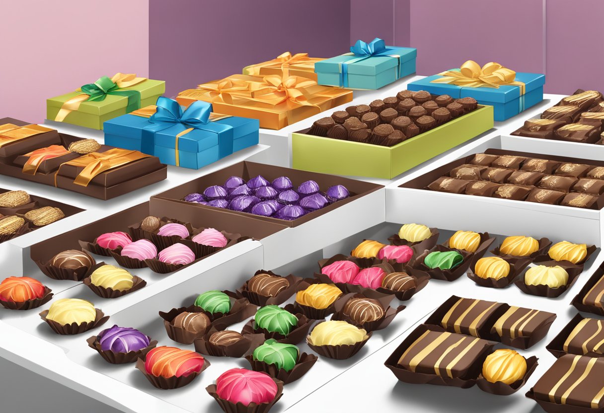 A table adorned with custom chocolate gifts, each wrapped in personalized packaging, ready for corporate gifting