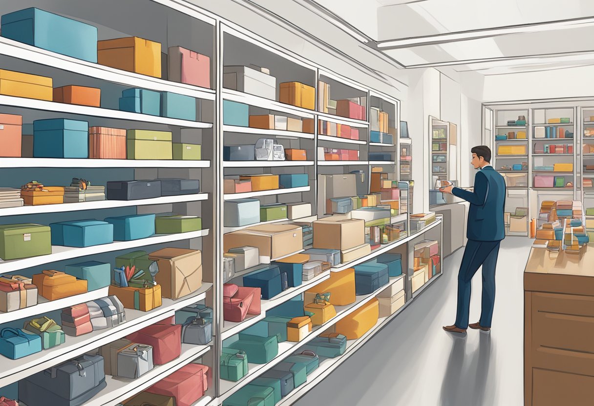 A person browsing through a variety of corporate gifts displayed on shelves and tables in a well-lit and organized showroom