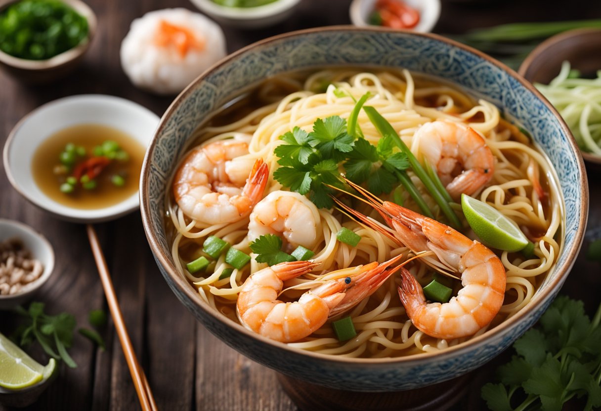 A steaming bowl of prawn mee sits on a wooden table, filled with plump prawns, yellow noodles, and a fragrant broth. Chopped green onions and chili peppers garnish the dish, while a pair of chopsticks rest on