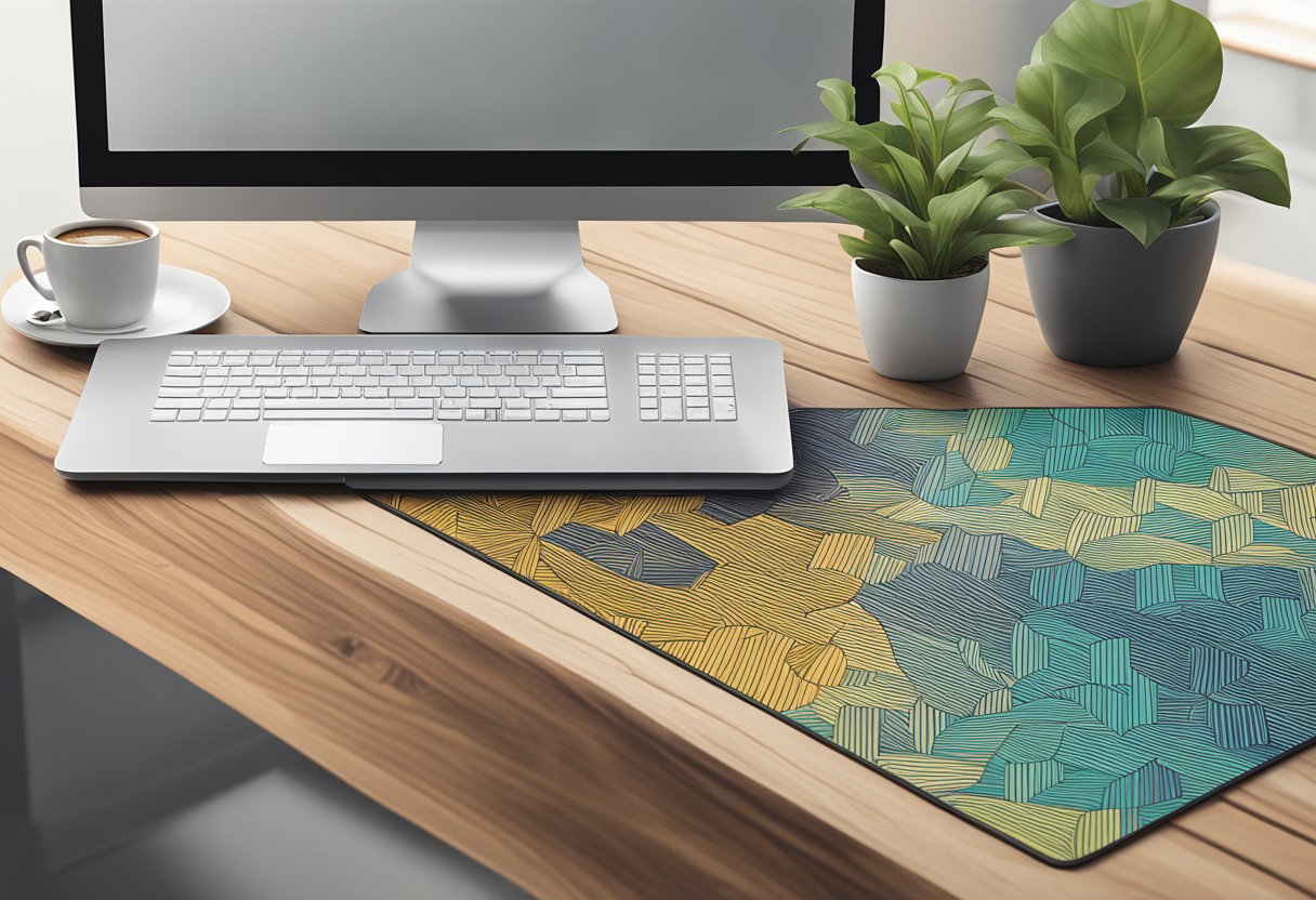 A custom deskmat with a geometric pattern, placed on a wooden desk with a cup of coffee and a potted plant nearby