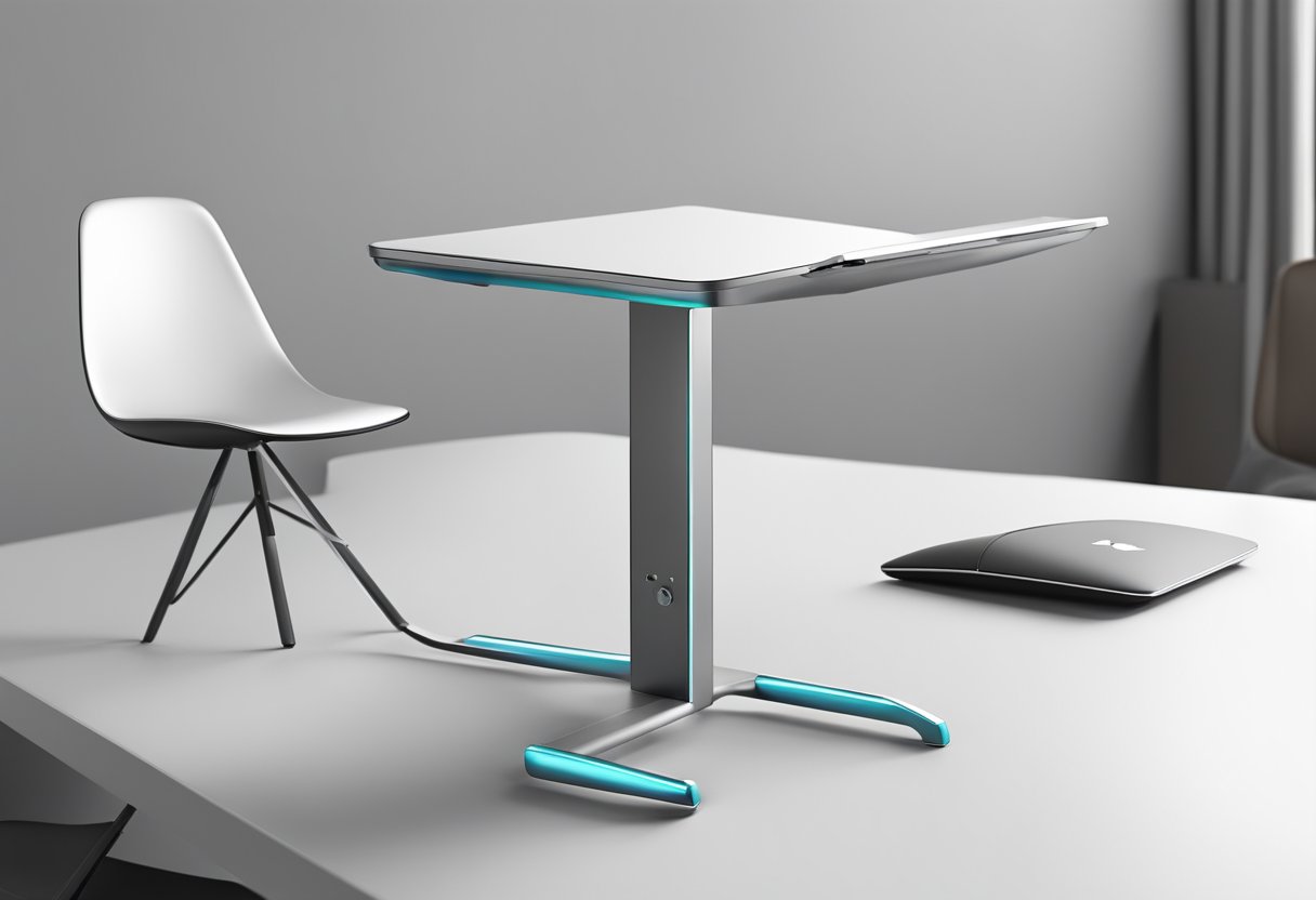 A sleek, adjustable laptop stand sits on a minimalist desk, with a modern office chair nearby. The stand features a sleek, metallic design with rubberized grips for stability
