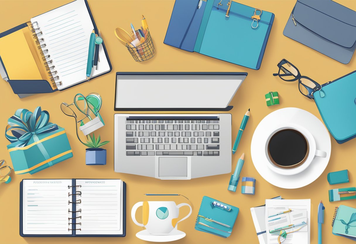 A table with various corporate gifts: mugs, pens, notebooks, and gift baskets. A sign reads "Frequently Asked Questions: Corporate Gifts Definition."