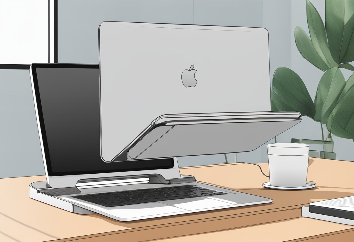 A sleek, adjustable laptop stand sits on a modern desk, with a laptop placed on top. The stand features customizable colors and angles for ergonomic use