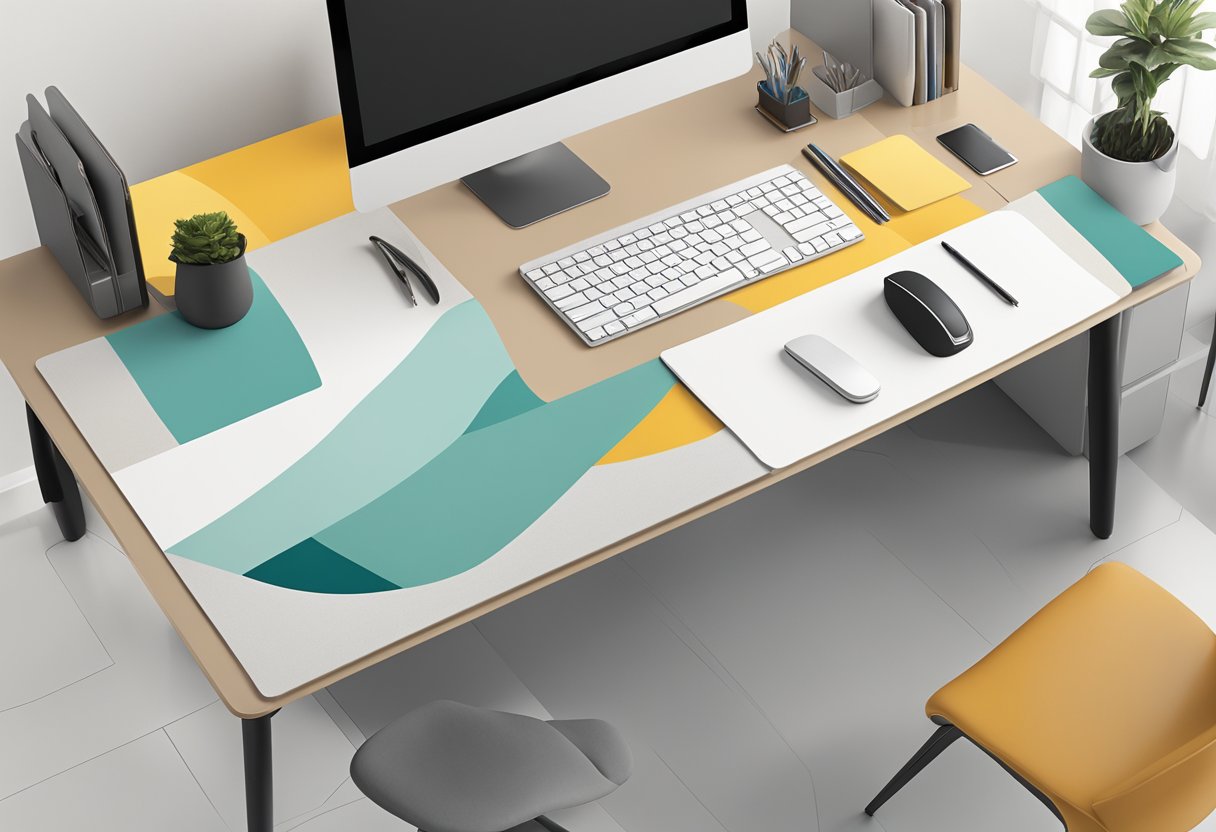 A deskmat with customizable design elements, such as color, pattern, and size, lays flat on a sleek, modern desk