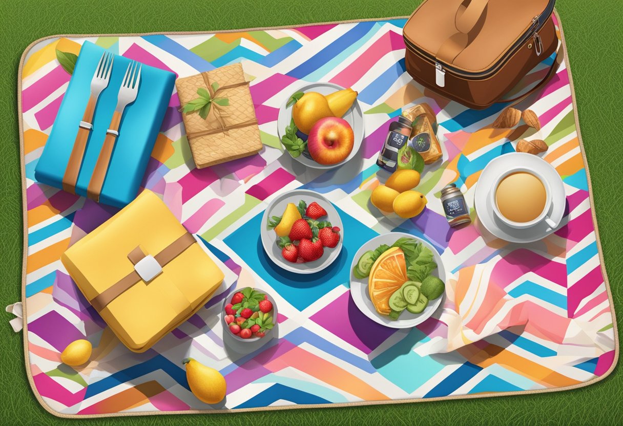 A colorful picnic mat with corporate gift items spread out on top