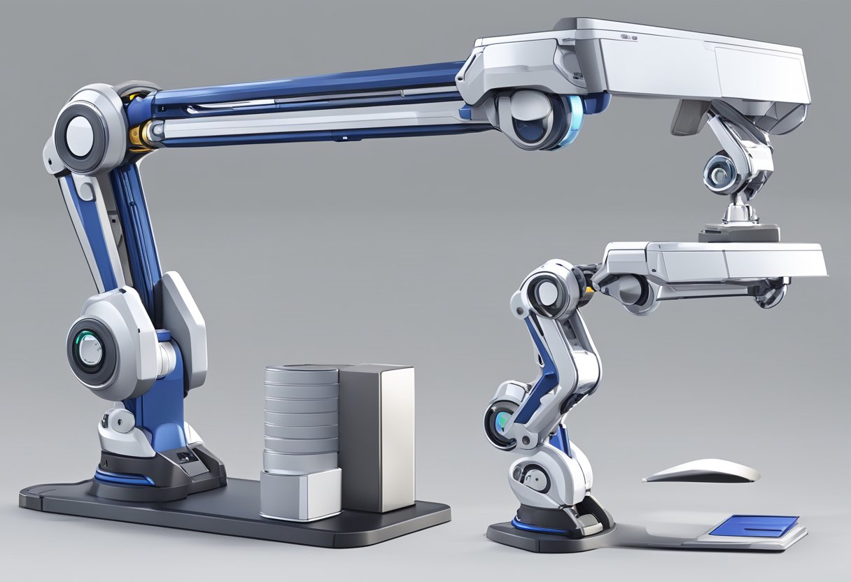 An employee inputs specs for a custom laptop stand. A robotic arm selects materials and begins production. Finished stands are packaged for shipping