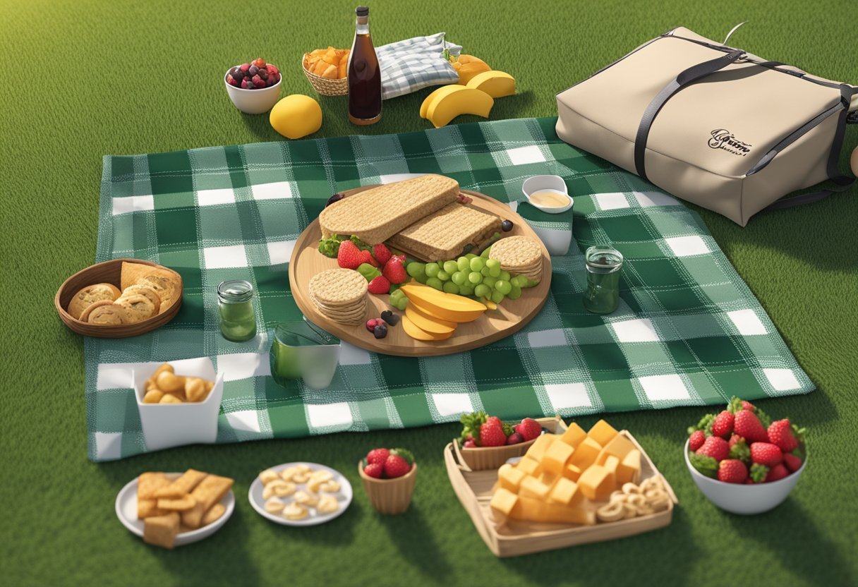 A picnic mat with a sleek, professional design sits on a grassy field, surrounded by a basket of gourmet treats and a branded company logo