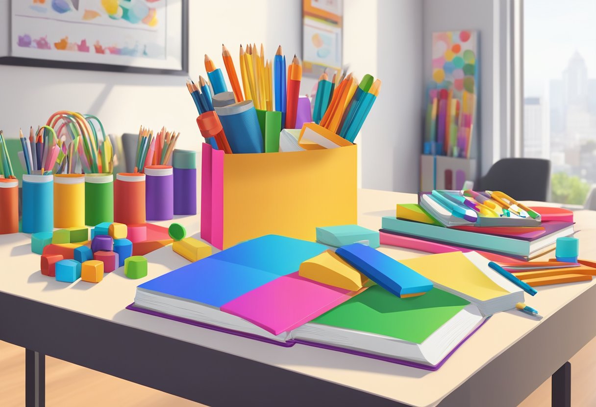 Colorful toys, books, and art supplies arranged on a table with a logo-branded gift bag in a bright, modern office setting