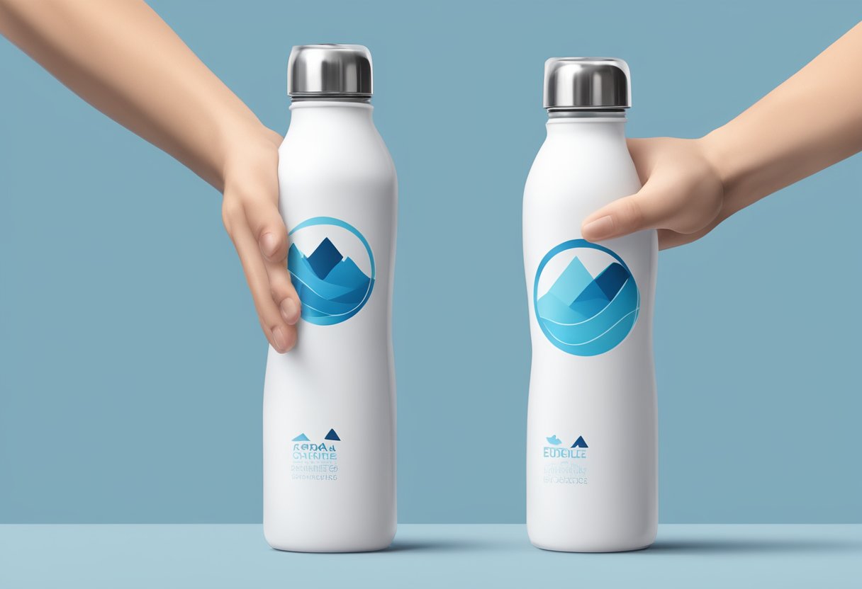 A hand reaches for a foldable water bottle with a corporate logo. The bottle is compact and easy to carry, perfect for on-the-go use