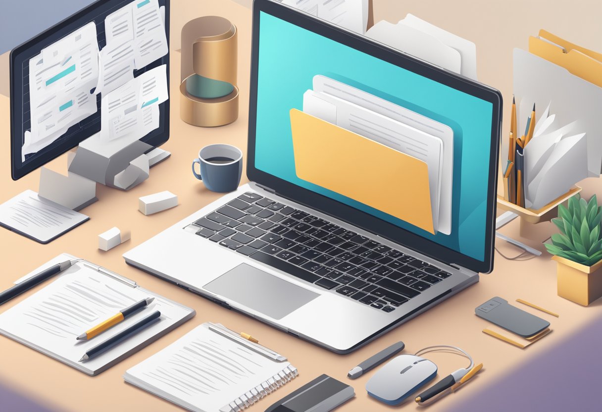 A laptop stand surrounded by question marks and a list of frequently asked questions