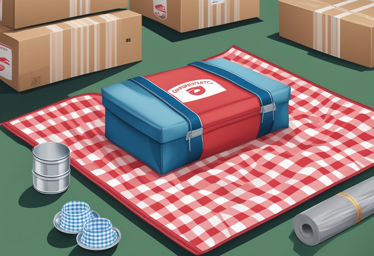 A picnic mat with corporate logo is being packaged and labeled for distribution in a warehouse setting